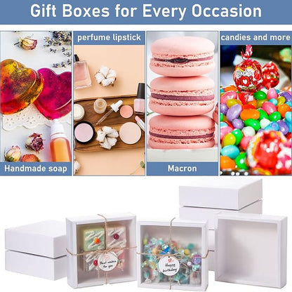 Roowest 50 Sets Kraft Soap Boxes Rectangle Packaging Box with Window Homemade Gift Box with Blank Tags and Jute String for Jewelry Candy Wrapping Party Favor(6.5 x 6.5 x 2 Inch,White)