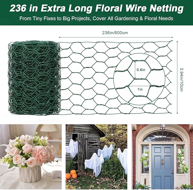 4 × 236 in Floral Wire Netting, Green Chicken Wire for Floral Arrangements, Galvanized Coated Chicken Mesh Netting with Plier & Plant Ties for Floral Supplies | Garden Fencing | DIY Craft