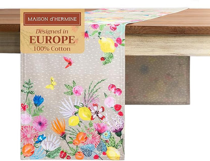 Maison d' Hermine Table Runner 100% Cotton Double Layer Table Runners 72 inches Long Decorative for Home Kitchen Dining Party Wedding Bridal Shower Spring Summer (Jardin D'Ete - Fog, 14.50" x 72")