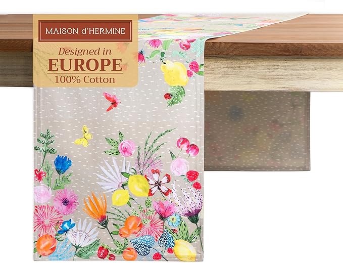 Maison d' Hermine Table Runner 100% Cotton Double Layer Table Runners 108 inches Long Decorative for Home Kitchen Dining Party Wedding Bridal Shower Spring Summer (Jardin D'Ete - Fog, 14.50" x 108")