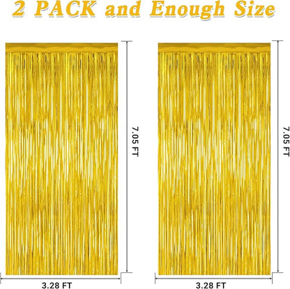2 Pack Gold Tinsel Backdrop, 3.28 FT x 7.05 FT Metallic Fringe Curtain, Gold Color Graduation Backdrop Party Streamers, Party Supplies Door Decorations for Birthday Anniversaries