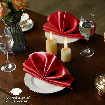 Manyshofu 50 Pieces Red Satin Napkins - 12x12 Inches Cloth Napkins, Square Satin Fabric Napkin Set - Smooth & Reusable Table Napkins for Wedding Dinner Party Lunch Banquet Restaurant Decoration
