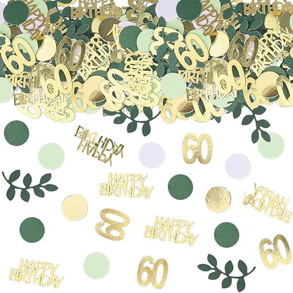 Sage Green 60th Happy Birthday Confetti, 60th Birthday Table Decorations Scatter Green Gold Foil Cake Confetti Decorations for 60 Bday Woman Men Party Decor 230 Pcs