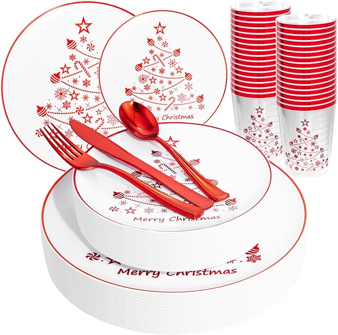 Supernal 150pcs Christmas Dinnerware - Plastic Plates, Cups, Silverware with Red Christmas Tree Pattern for Party and New Year