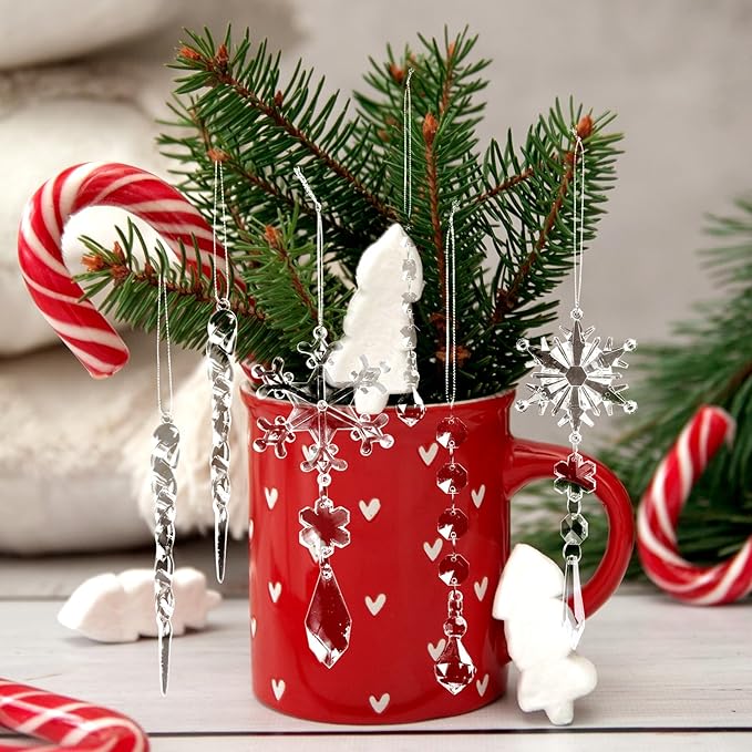 30pcs Christmas Ornaments Set for Tree- Hanging Acrylic Crystal Snowflake Icicle Drop Christmas Decorations for Winter Christmas Tree New Year Party Supplies
