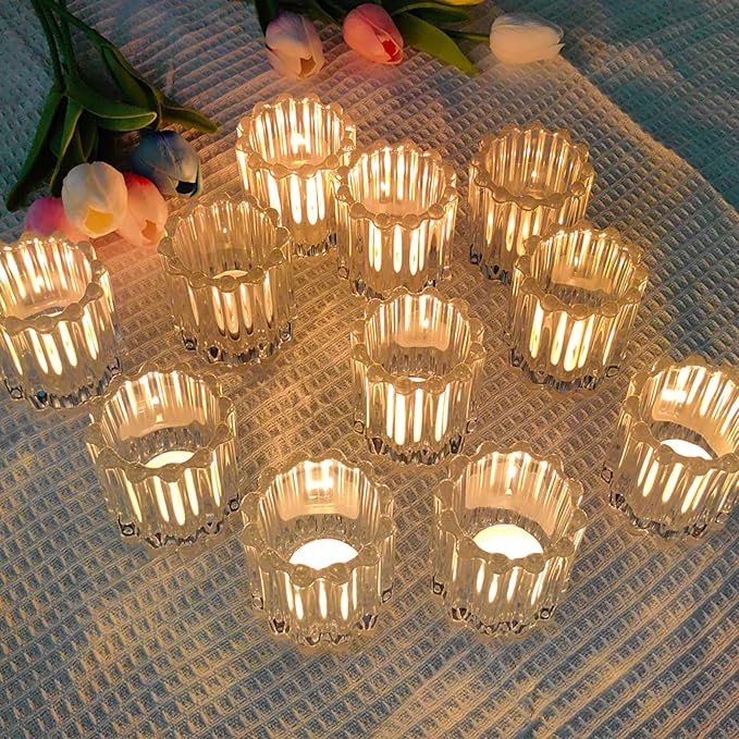 GOLDEAL 12Pcs Clear Glass Votive Candle Holders Tealight Holders Decorative, Tea Candle Holders Bulk,Candlestick for Wedding, Party,Dinner, Home Table Decor.