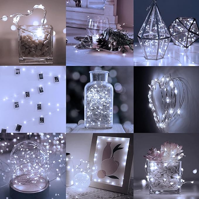 24 Pack Led Fairy Lights - White, Battery Operated LED Silver Wire String Lights, 7FT 20LED Mini Firefly Starry String Lights Waterproof Led Twinkle Lights for Mason Jar DIY Christmas Decor