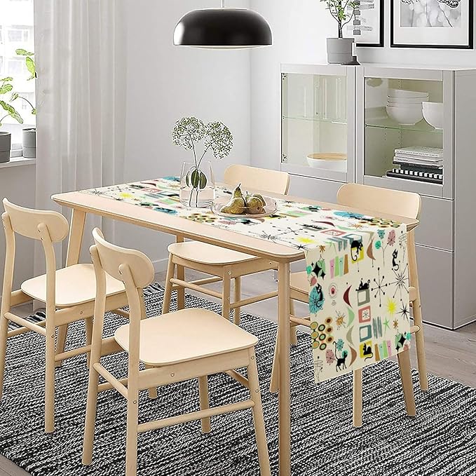 Colorful Geometric Table Runner,Vintage Mid Century Cute Cat Abstract Morden Print Tablecloth Burlap for Hotel Indoors Outdoor Dining Room Kitchen Home Decor, 13x80in