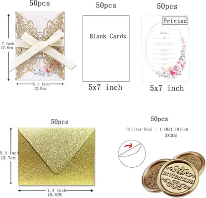 50Pcs Laser Cut Wedding Invitation With Glitter Envelopes And Ribbons Blank Personalized Card Invitaciones Para quinceañera Birthday Baby Shower Christmas Party Bridal Shower (Gold)