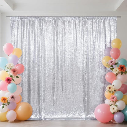 SquarePie Sequin Backdrop Curtain Not See Through Thick Glitter Background for Party 8FT x 10FT Silver