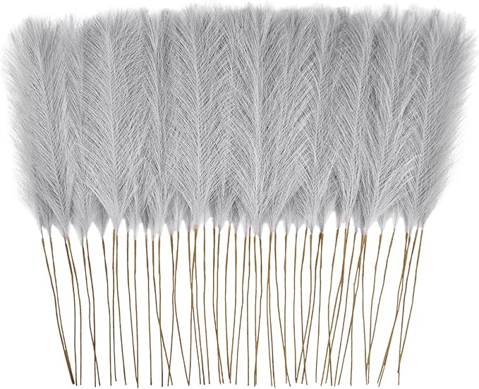 50pcs Faux Pampas Grass Grey, 21.6" Short Artificial Pompous Grass Floral Fake Pompas Grass Branches Vase Filler Flower Arrangement for Home Wedding Boho Decor