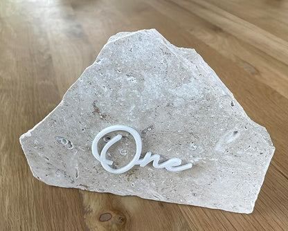 Cursive Wedding Table Number SET, DIY thin modern Black or White acrylic cutouts with silicone glue included. Words only, no backing (One - Five, Gloss White)