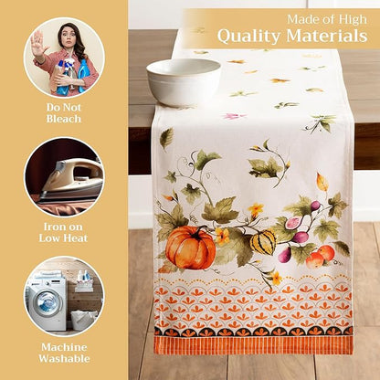 Maison d' Hermine Table Runner 100% Cotton Double Layer Table Runners 108 inches Long for Thanksgiving Christmas Decorations Home Kitchen Dining Wedding (Pumpkin Garden - Cloudy Cream, 14.5" x 108")