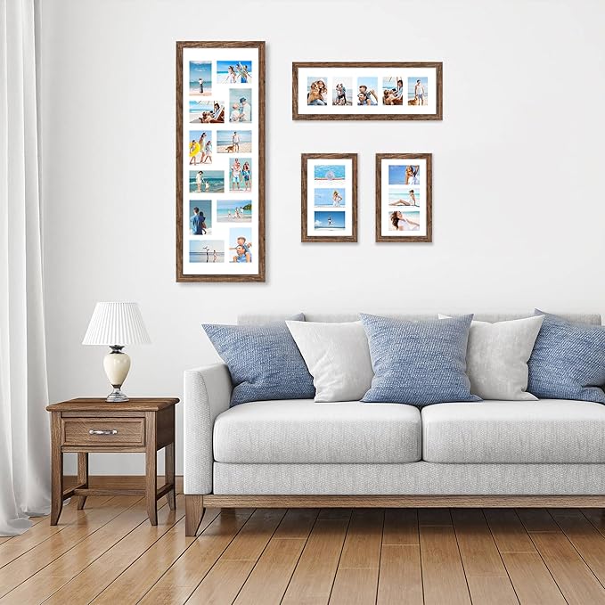 8x24 Picture Frame 2 Pack, Rustic Brown Wood Frame with Tempered Glass, Display Pictures Multiple Five 4x6 With Mat or 8 x 24 Without Mat - Horizontal or Vertical Wall Mounting
