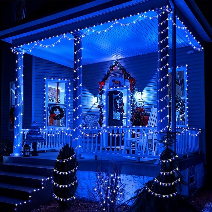 YEGUO 165ft 500 LED Blue and White Christmas Lights Outdoor Waterproof, Clear Wire String Lights Indoor Plug in, 8 Modes Clear Wire Twinkle Tree Light for Xmas Party Garden