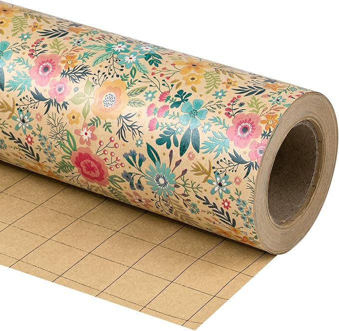 WRAPAHOLIC 30 Inch Jumbo Kraft Floral Wrapping Paper Roll - 30 Inch x 100 Feet Jumbo Roll - Spring Summer Garden Flower Design Perfect for Wedding, Bridal Shower, Birthday