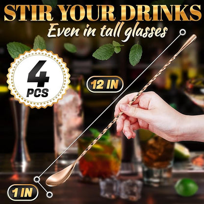 4 Pcs Bar Spoon Cocktail Mixing Spoon Set – Rose Gold Spoons with Elegant Twisted Spiral Handle, Good for Cocktails, Iced Tea, and Coffee Drinks – Durable Stylish Stainless Steel Stirring Spoons