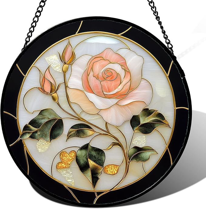 Stained Glass Window Hanging - Black White Pink Rose Sun Catcher for Door Home Decor Flower Suncatcher Christmas Mother's Day Birthday Gifts for Women Men Lovers Mom Nana 7.8 in