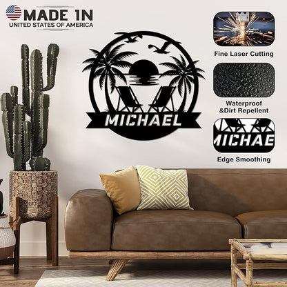 Personalized Beach Decor for Home, Custom Metal Sign Outdoor Nautical Decor, Palm Trees Coastal Wall Art, Family Last Name Sign, Housewarming Christmas Wedding Gifts