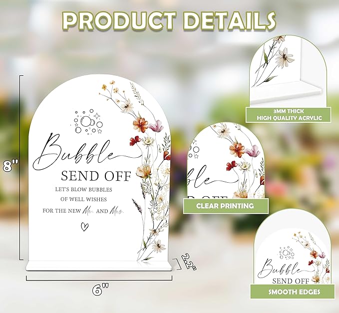 Boho Floral Bubble Send Off Sign, 6 x 8 Inch White Arch Acrylic Wedding Sign with Holder, Wedding Sign for Ceremony and Reception, Wedding Decoration, Wedding Supplies - BX14