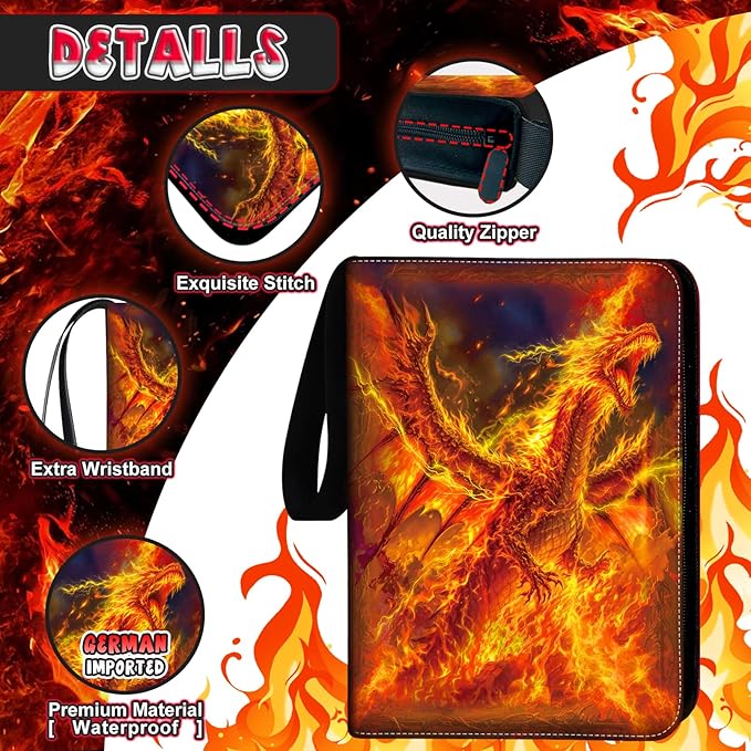 1008 Card Binder 9 Pocket, 3-Ring Trading Card Binder with 56 Page Removable Sleeves, High Storage Waterproof Trading Card Holder Collection Card Album Carrying Organizer Case for MTG TCG Cards -Fire