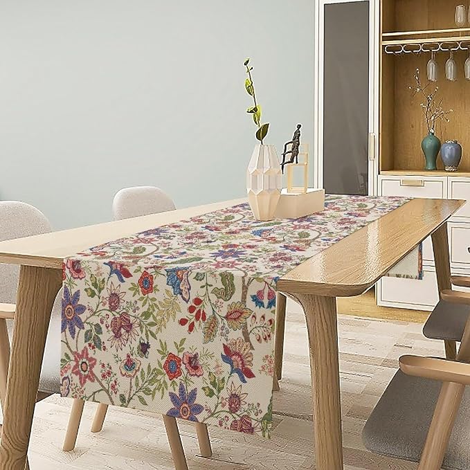 Spring Floral Table Runner, Boho Floral Pattern Natural Plant Table Decoration for Home Kitchen Restaurant Holiday Party,13in（33cm） W * 120in（305cm） L