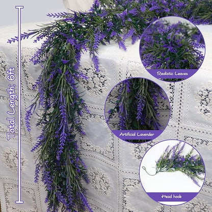 MAKHOT 6Ft Purple Lavender Artificial Garland Decor, Spring Summer All Year Lavender Deep Purple Garland, Green Wreath Vines Decorations for Table Home Wedding Mantle Arch Porch Party