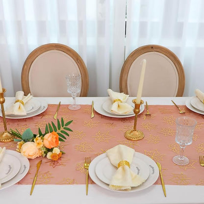 Snowkingdom Terracotta Gold Table Runner 10Ft, Gold Maple Leaves Burnt Orange Gauze Chiffon Runners 120 Inch, Fall Glitter Dining Table Centerpieces Decorations for Thanksgiving Autumn Harvest Party
