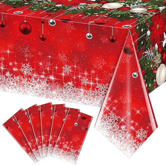 6Pieces Merry Christmas Tablecloth Plastic Christmas Tree Ball Table Cover Rectangle Winter Snowflake Tablecloth for Merry Christmas Holiday New Year Eve Party Decorations Supplies,54x108inch