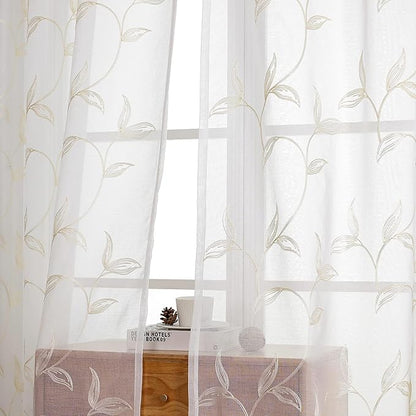 VISIONTEX Sheer Curtains 54 inch Length 2 Panels Set, White Voile Crushed Cream Vine Leaves Embroidery, Rod Pocket Embroidered Window Drapes for Living Room and Bedroom, 54" x 54"