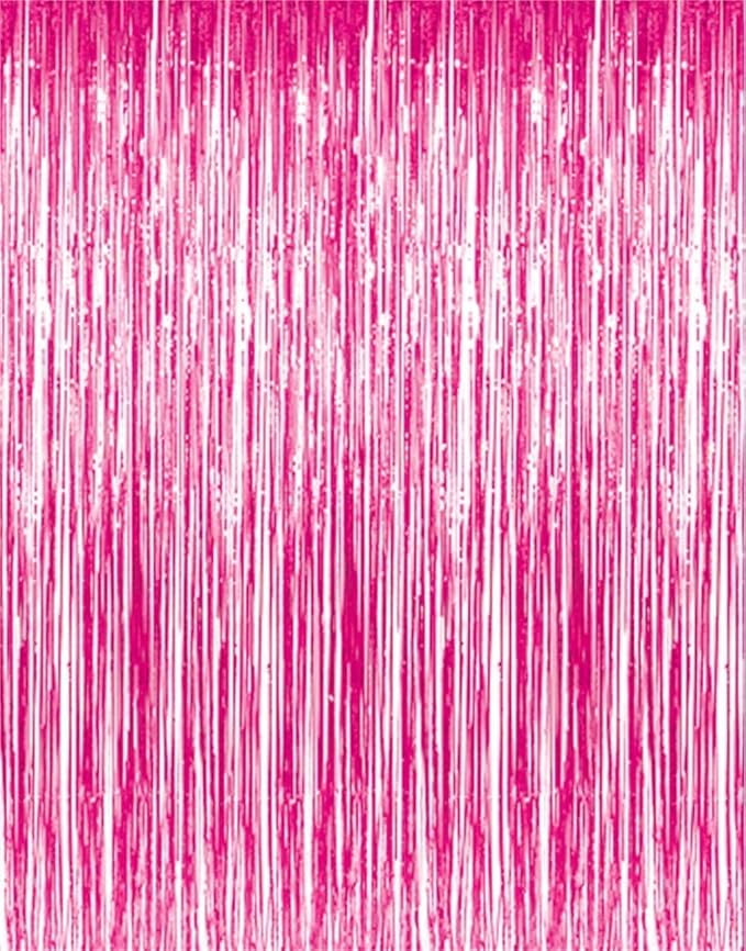 GOER 6.4 ft x 8.2 ft Metallic Tinsel Foil Fringe Curtains,Pack of 2 Party Streamer Backdrop for Galentines Day,Birthday,Graduation Decorations and New Year Eve (Hot Pink)