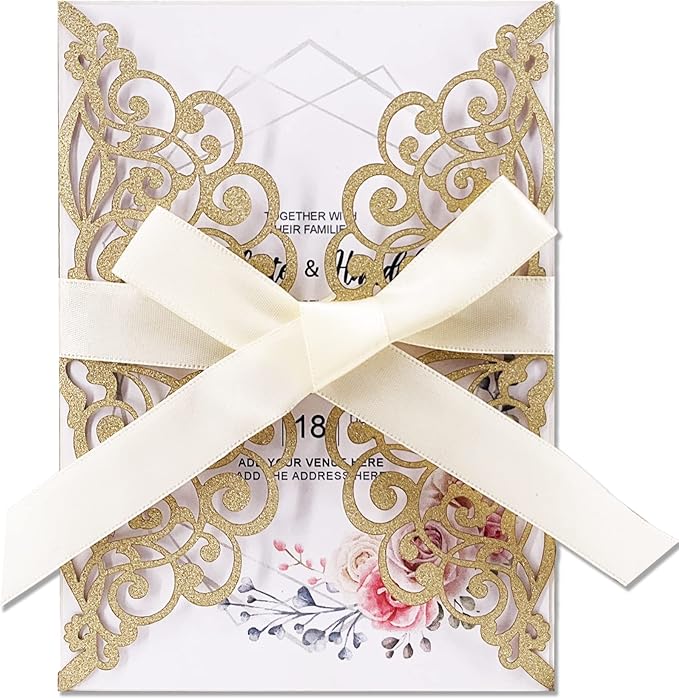 50Pcs Laser Cut Wedding Invitation With Glitter Envelopes And Ribbons Blank Personalized Card Invitaciones Para quinceañera Birthday Baby Shower Christmas Party Bridal Shower (Gold)