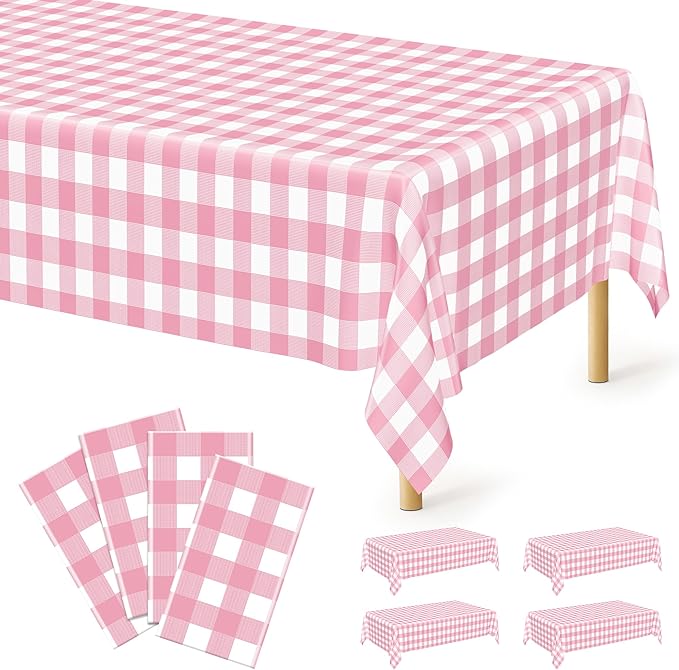 4Pack Pink Table Cloth, 54" x 108" Plastic Table Cloth Disposable, Waterproof Picnic Table Cover Checkered Rectangle Tablecloths for Indoor Outdoor Picnic Birthday Party Supplies Gathering BBQ Holiday