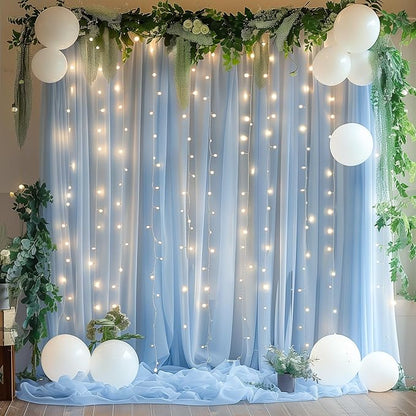 30×10ft Blue Tulle Backdrop Curtain with Lights String for Parties, Sheer Photo Backdrop Curtains for Wedding Party Photography Background