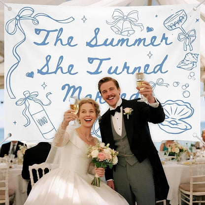 The Summer She Turned Married Backdrop - Beach Wedding Party Decorations - Bridal Shower Bachelorette Party Background Blue