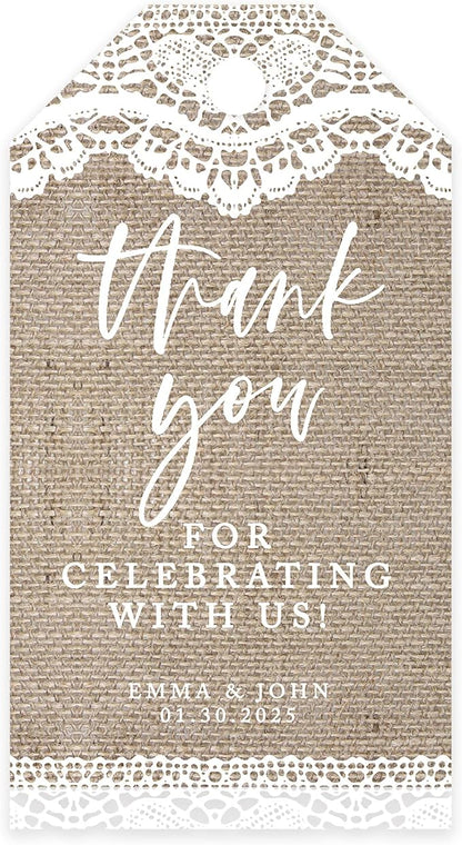 Andaz Press 100-Pack Personalized Thank You Tags with Bakers Twine Burlap Lace Custom Cardstock Wedding Gift Tags for Wedding Party Favors 2 x 3.75-Inches