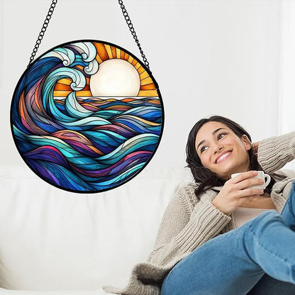 Stained Glass Window Hanging, Big Wave Sun Suncatcher Diamond Glass Panel Hangings Abstract Sun Catchers Decor for Birthday for Women, Men, Wife, Aunt, and Mom 14.9x14.9 in