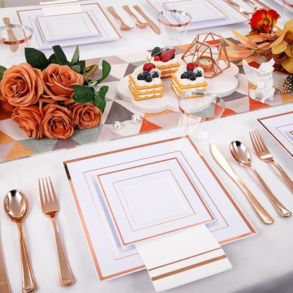 Festiva 350Pcs Rose Gold Plates and Napkins Party Supplies-Square White and Rose Gold Disposable Dinnerware include Plates Cups Cutlery Napkins for 50 Guests Wedding &Party&Mother's Day