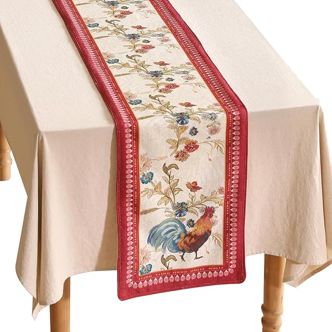 patdrea Designer Farmhouse Linen Extra Long Table Runner,Rustic Cottage Mauve with Rooster and Floral Pattern Fabric Table Mat,Decoration for Kitchen Dining Christmas New Year Banquet, 12"*118"