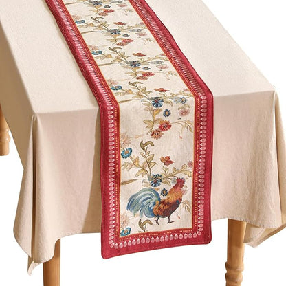 patdrea Designer Farmhouse Linen Extra Long Table Runner,Rustic Cottage Mauve with Rooster and Floral Pattern Fabric Table Mat,Decoration for Kitchen Dining Christmas New Year Banquet, 12"*118"