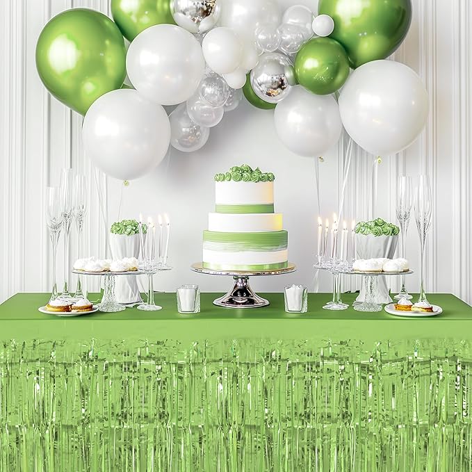2 Pack Light Green Table Skirts, 29x108" Metallic Foil Tinsel Fringe Table Skirts for Rectangle Tables Streamer Curtains Backdrop, Party Decorations for Birthdays Weddings Holidays