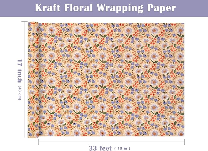 WRAPAHOLIC Kraft Floral Wrapping Paper Roll - Mini Roll - 17 Inch x 33 Feet - Watercolor Flower Wrapping Paper, Perfect for Wedding, Birthday, Bridal Shower, Tea Party