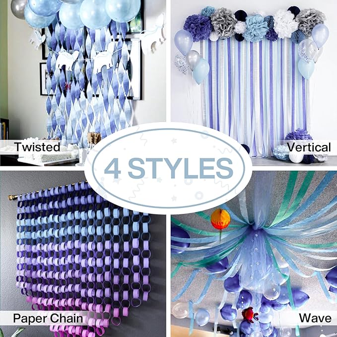 PartyWoo Light Blue Crepe Paper Streamers 4pcs 328ft Pack of Slate Blue Beige White Green Crepe Paper Streamers for Birthday Gender Reveal Baby Shower Mermaid Under The Sea Party Decorations