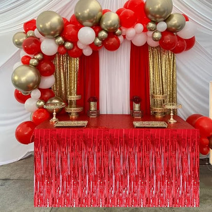 BEISHIDA 2 Pack Red Table Skirts Party Decorations Metallic Tinsel Foil Fringe Decors for Rectangle and Round Table Birthday Valentines Chinese New Year Graduation Congrats 2025 Party