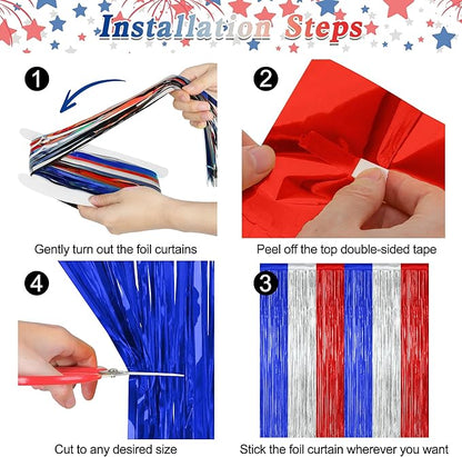 2 Pack 4th of July Party Supplies, 3.28 FT x 7.05 FT 4th of July Tinsel Backdrop, Blue Silver Red Color Fringe Curtains Streamer Backdrop, 4th of July Photo Backdrop Party Decorations