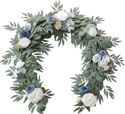 Floroom 6ft Artificial Eucalyptus Garland with Flowers Fake Greenery Faux Floral Vine Garland for Table Decor Wedding Centerpieces Bridal Shower Party Decorations, Dusty Blue