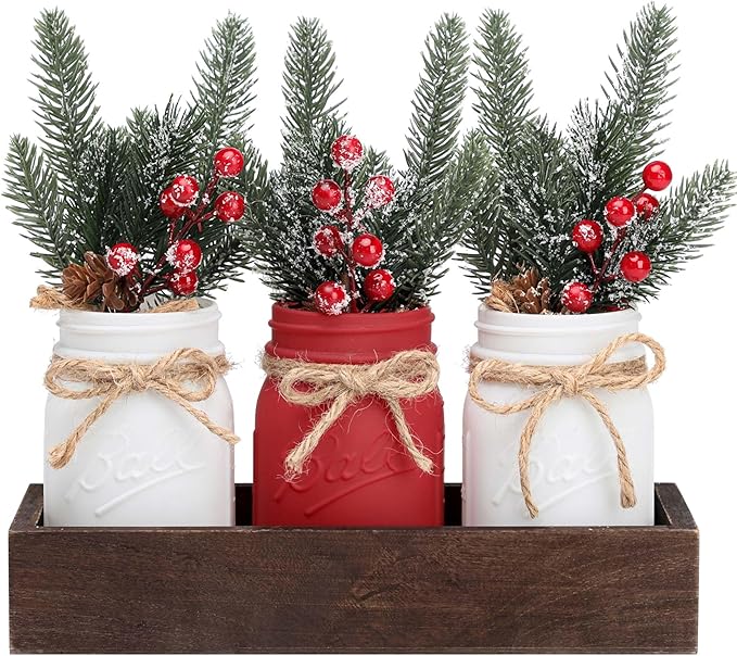 Christmas Mason Jars, Christmas Centerpieces for Tables, Wood Tray & 3 Painted Decorative Jars, Xmas Table Centerpieces Decoration, Farmhouse Dining Table Kitchen Decorations Home Decor
