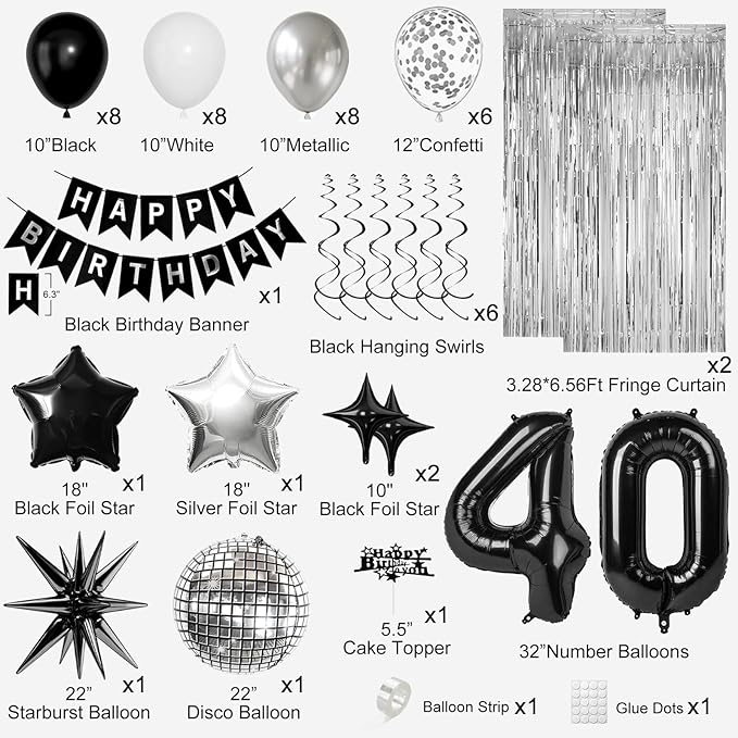 40th Birthday Decorations for Men Women, Black Silver Happy Birthday Party Decorations， 40 Year Old Party Supplies with Number 40 Balloons, Banner, Fringe Curtains Kit