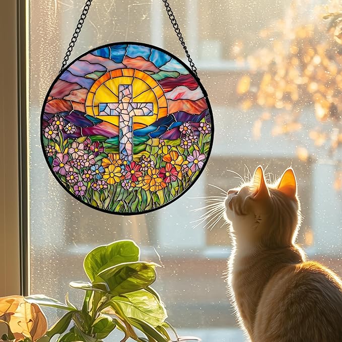 Stained Glass Window Hanging - Cross Flower Sea Sun Catcher for Door Terrace Garden Home Decor, Mountains Landscape Suncatcher Birthday Gifts for Lovers Women Men Dad Mom Nana 11.8 in