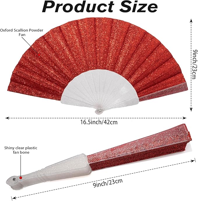 24 Pack Handheld Fan,Folding Hand Glitter Fan with Shining Transparent Fan Rib – Ideal for Wedding, Church, Festival, Dance, Tea Party, Club, and EDM Accessories, Red